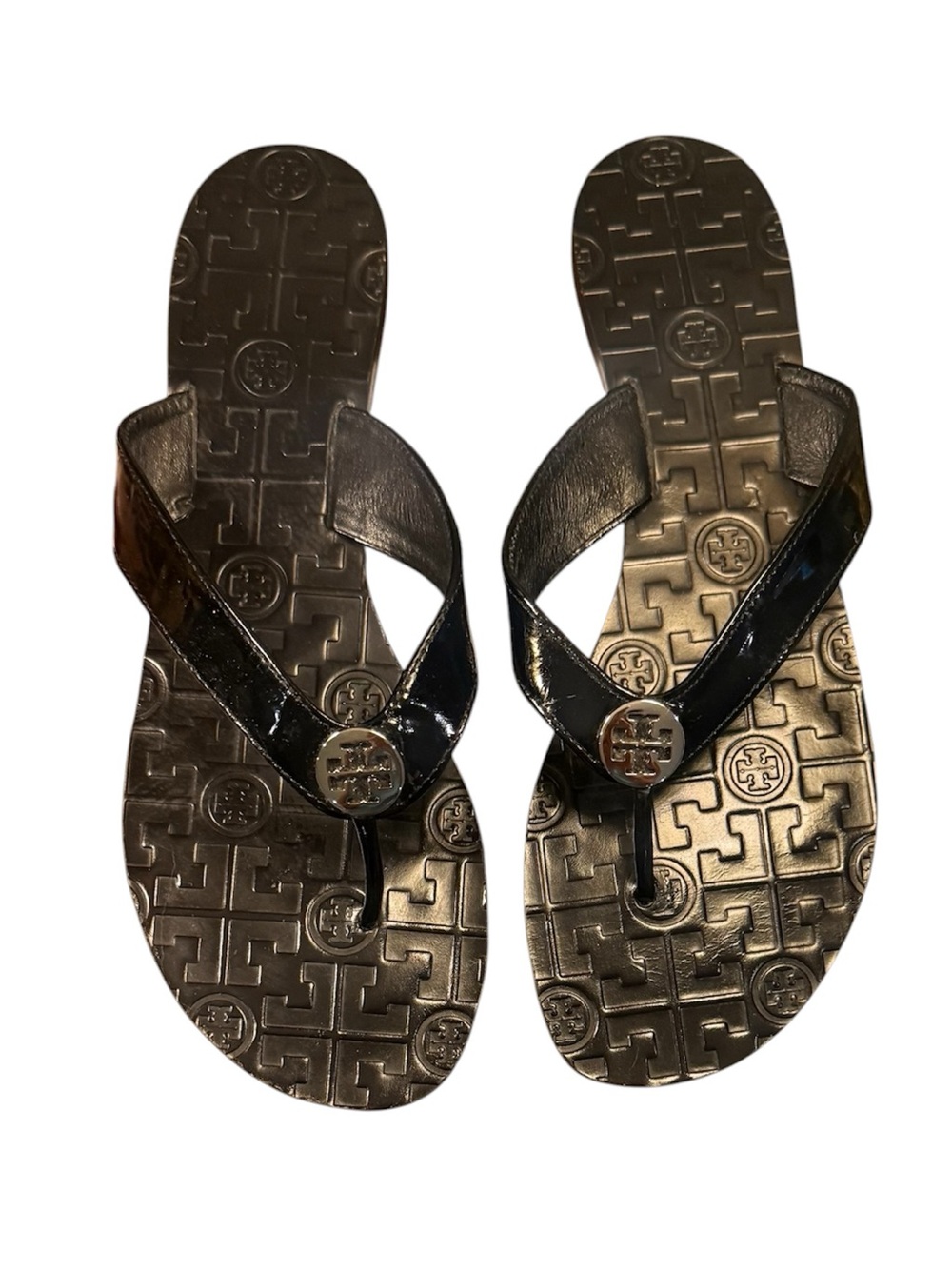 Tory Burch Thora Black Patent Leather Silver Logo Thong Sandals Size 11